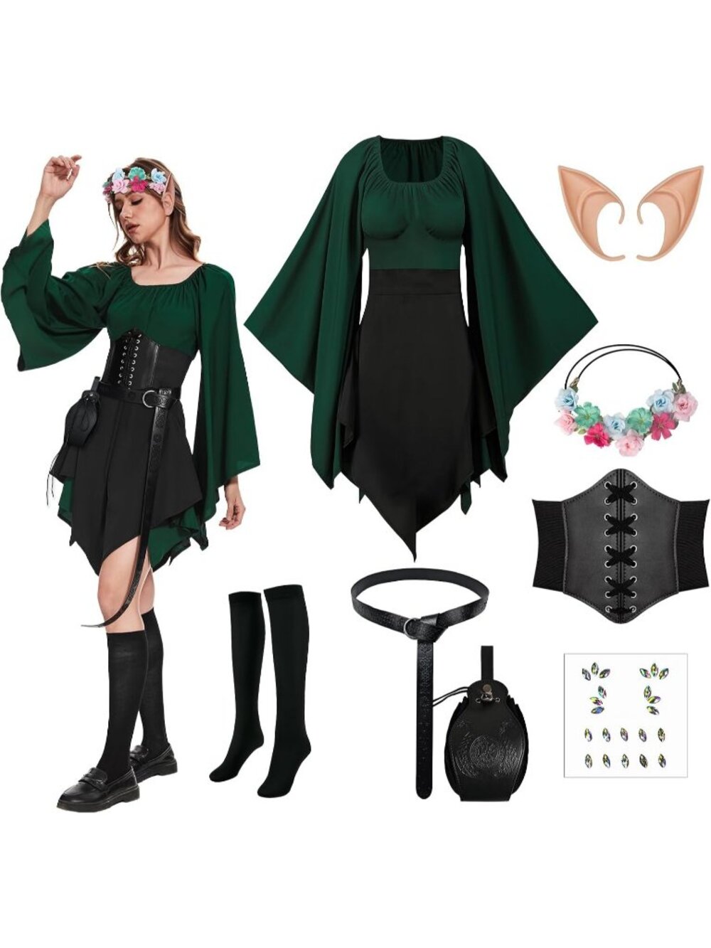 Women's Green and Black 8PCS Elf Renaissance Traditional Irish Halloween Dress